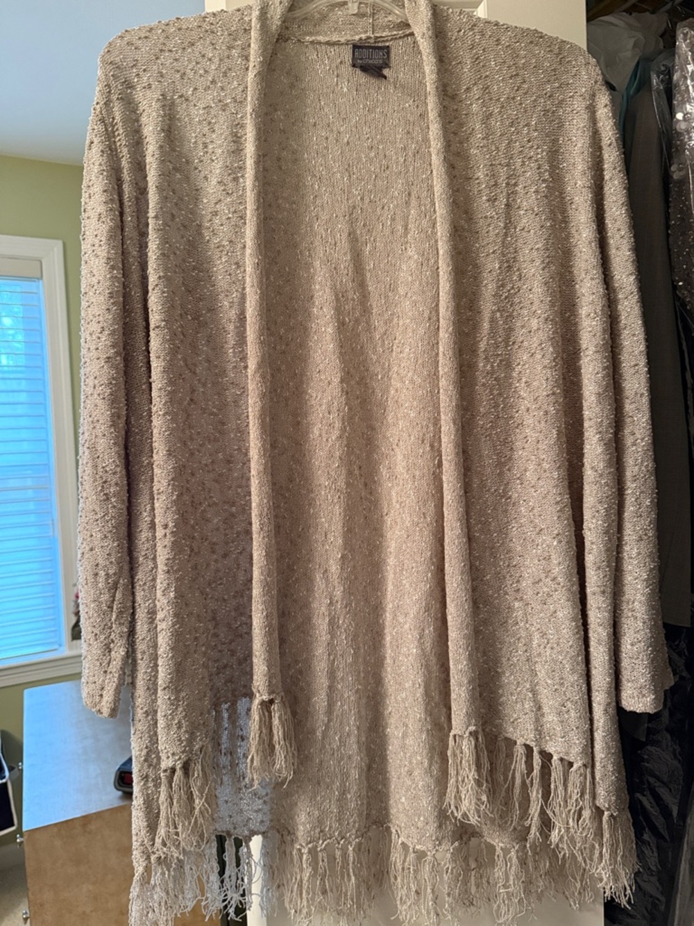 Chicos Beige Open-Front Fringe Cardigan